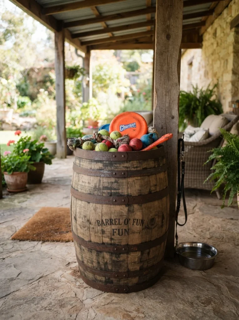 repurposed wooden barrel used for outdoor dog toy storage