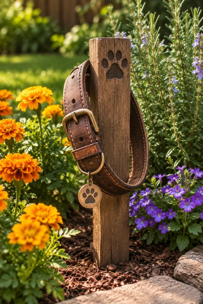 Dog collar displayed as a personal garden memorial marker