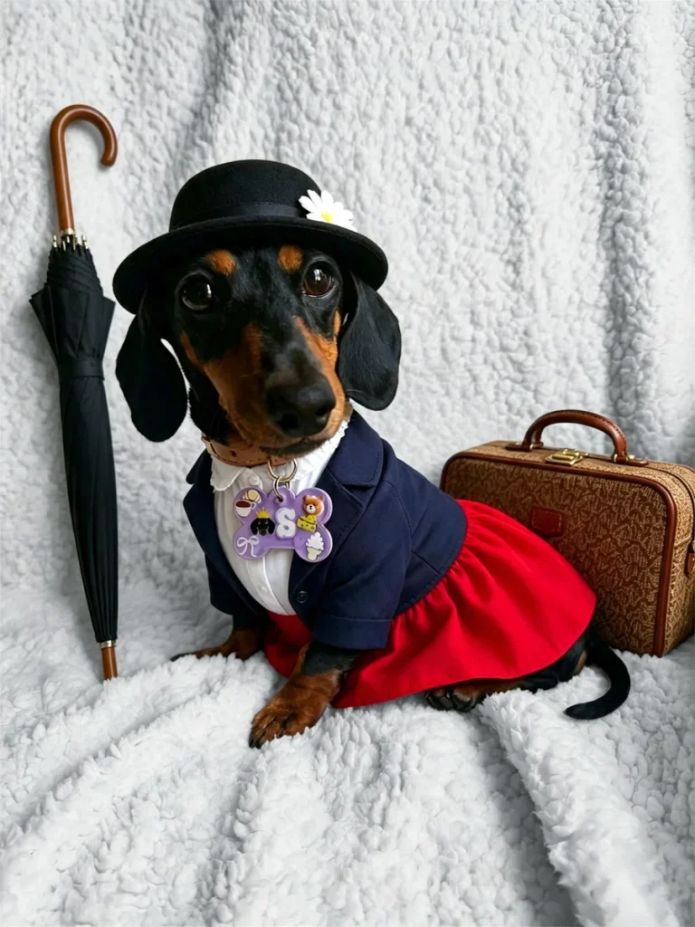 Dachshund dressed as Mary Poppins with a bowler hat, coat, and skirt
