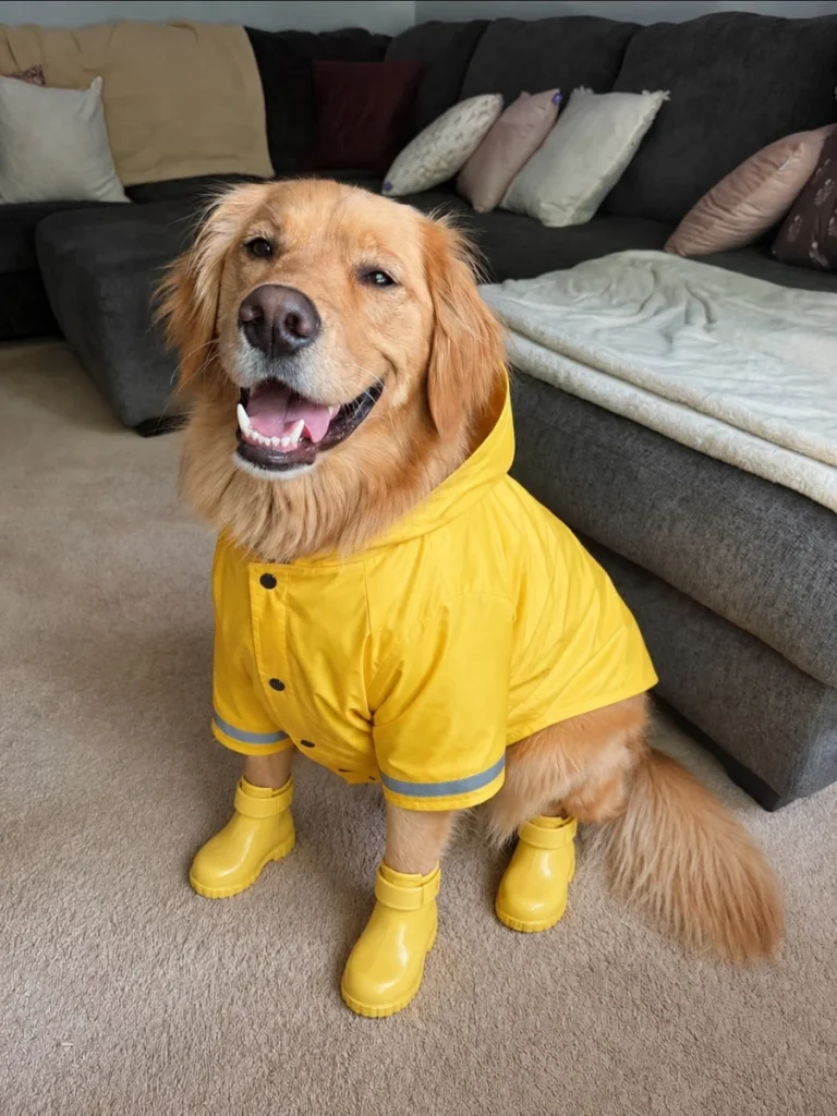 Golden retriever wearing a yellow rain slicker and matching rain boots