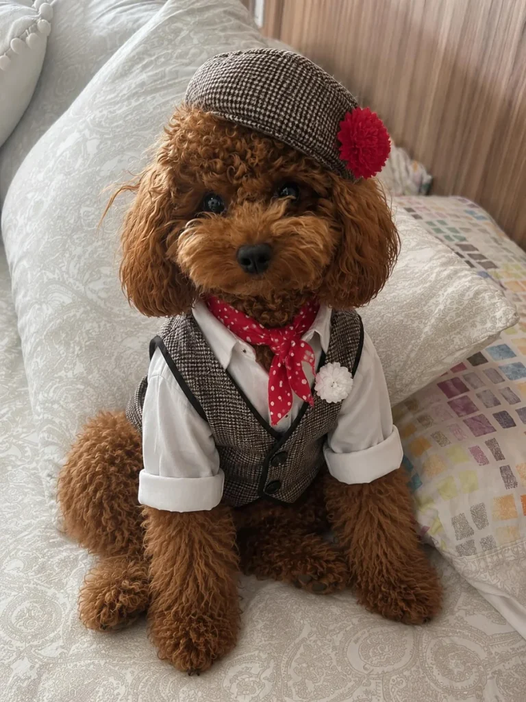 Toy poodle wearing a tweed vest, white shirt, and red polka dot neckerchief