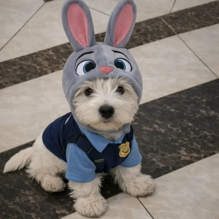 Terrier wearing a grey bunny ear hood and blue police uniform costume