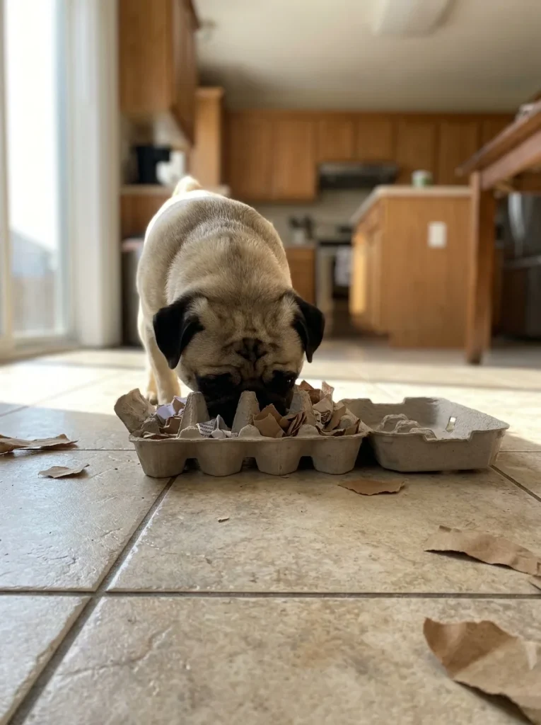 Easy DIY dog puzzle toy using a cardboard egg carton for scent enrichment