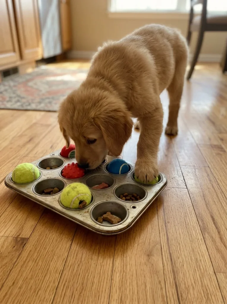 Easy DIY dog puzzle toy made from a muffin tin with treats and balls