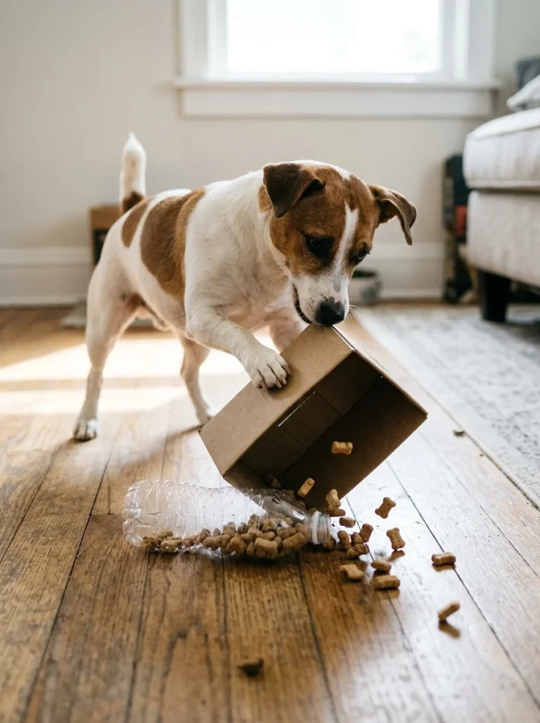 Easy DIY dog puzzle toy water bottle inside cardboard box for enrichment