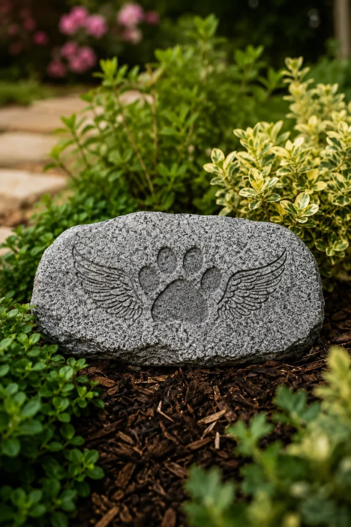 Engraved stone marker, one of many dog memorial garden ideas