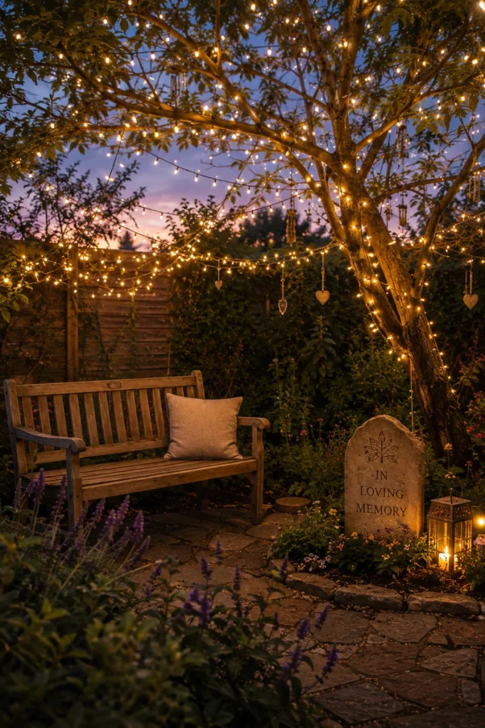 Fairy lights creating a warm glow over a memorial garden