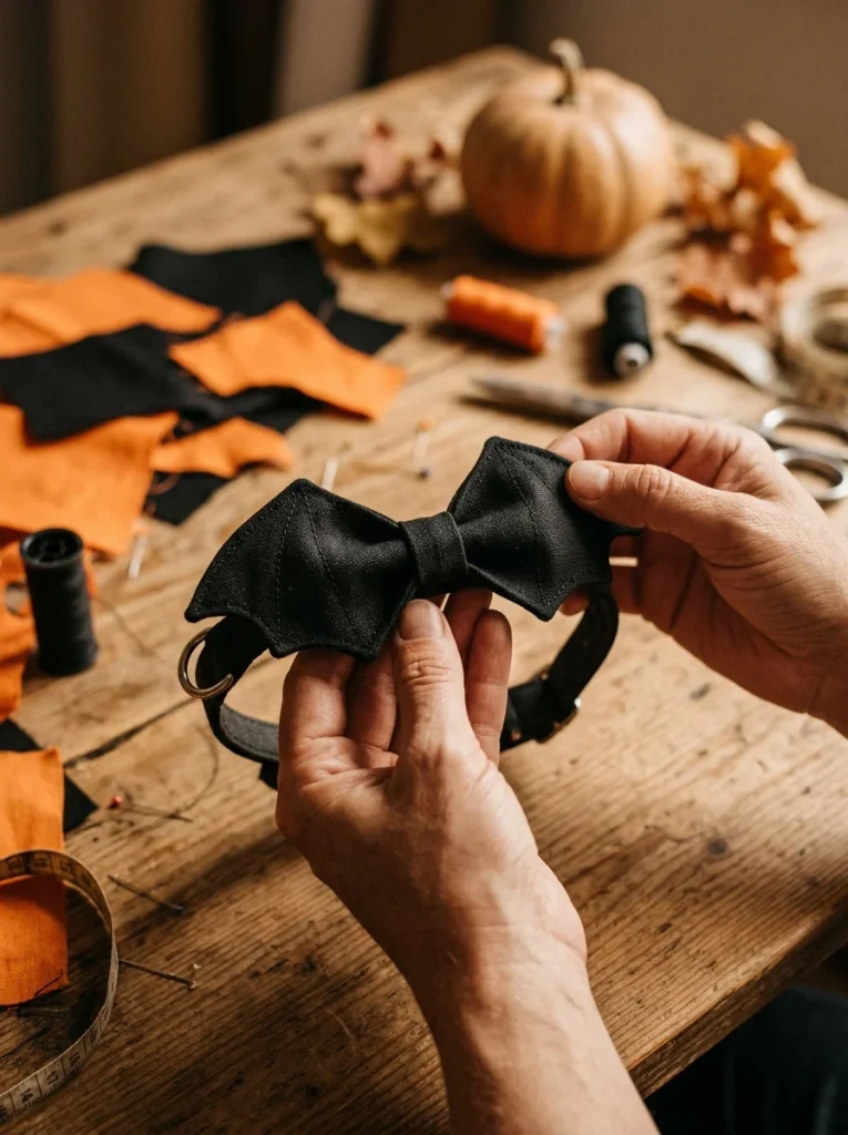 Checking the final fit of a finished bat bow tie on a dog collar