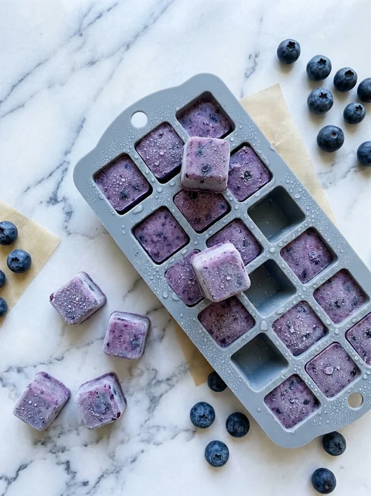 Frozen dog treats with coconut oil and blueberries in a silicone mold