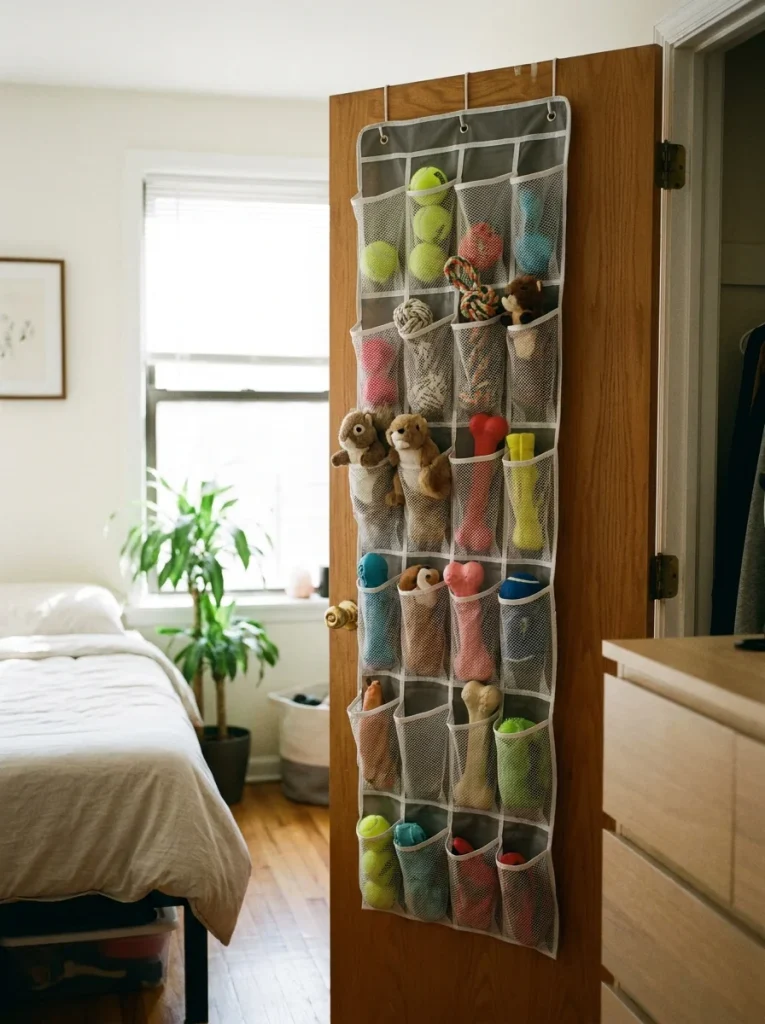 mesh hanging organizer holding small dog toys on a door