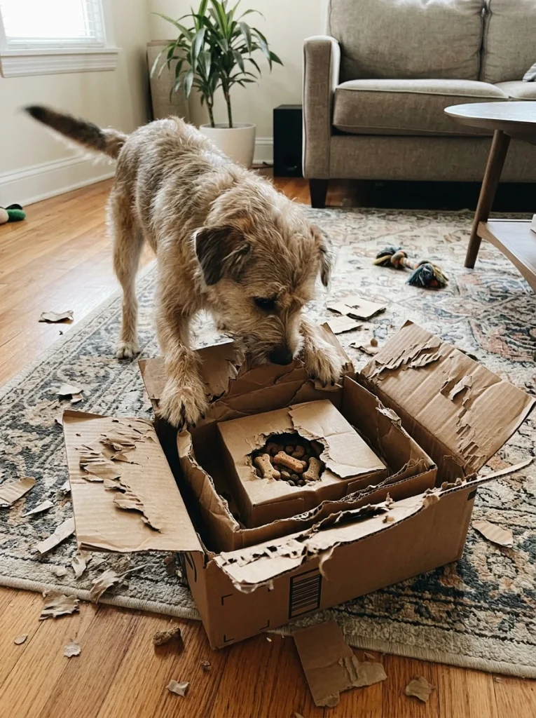 Homemade DIY dog puzzle toy nesting boxes for enrichment activities