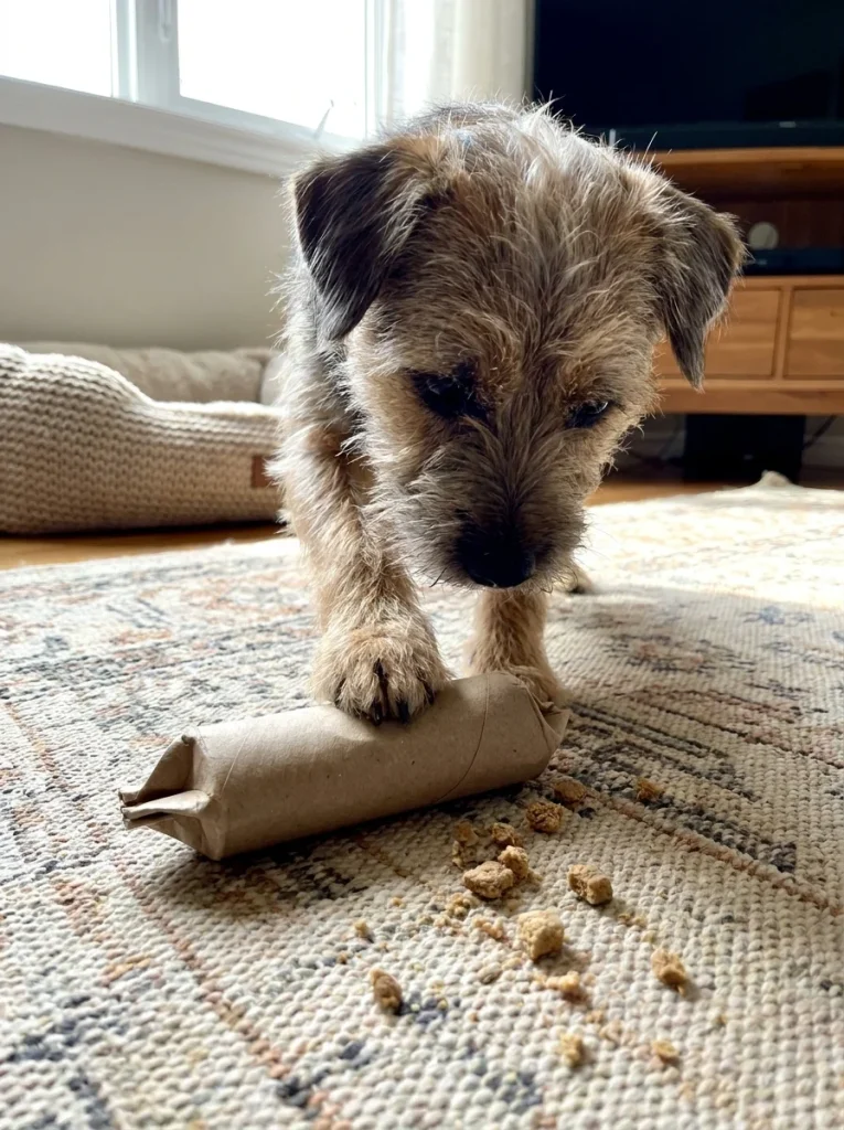 Homemade DIY dog puzzle toy using a folded toilet paper roll stuffed with treats
