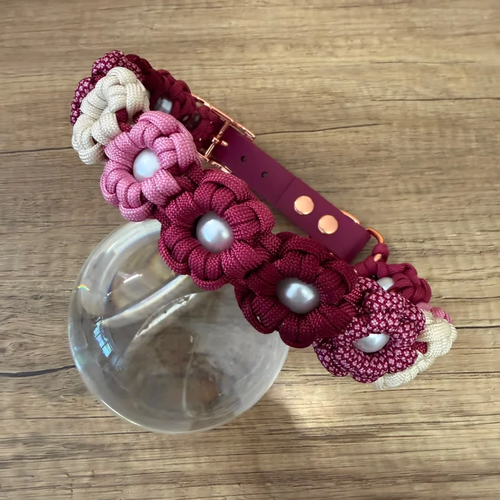 Jewel tone paracord flower dog collar with pearl accents