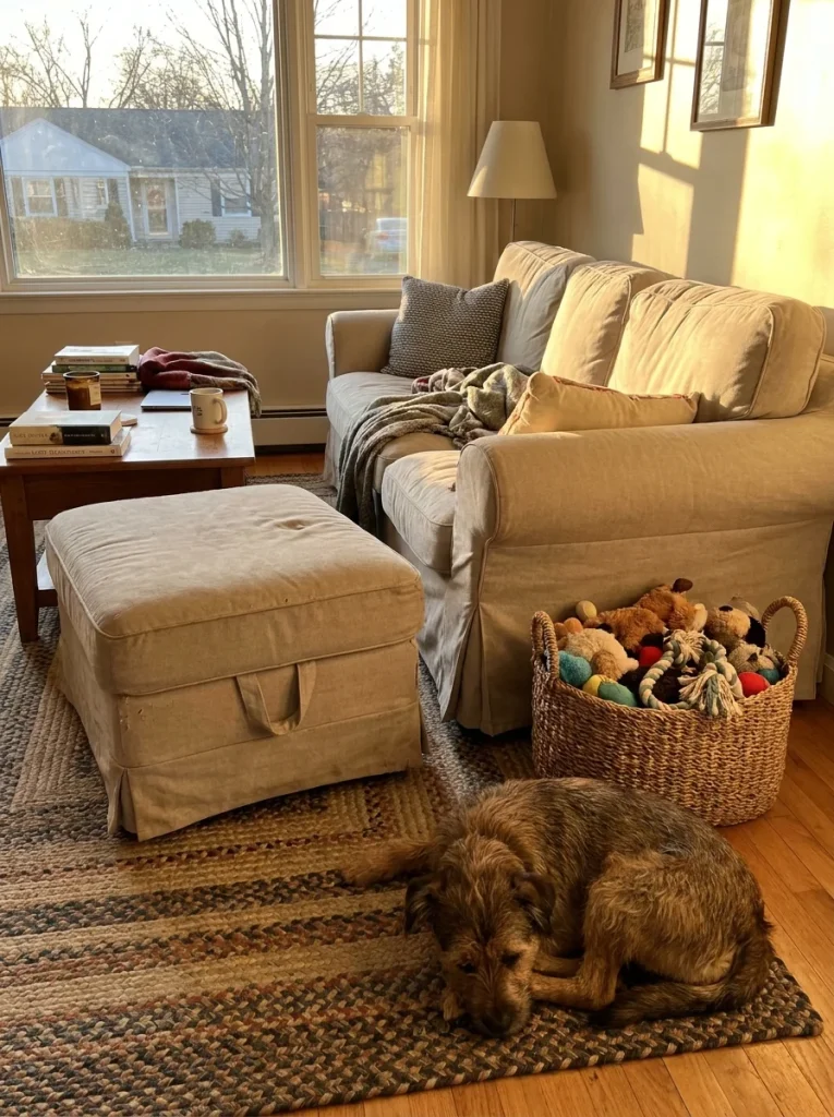 living room storage setup for dog toys organization ideas