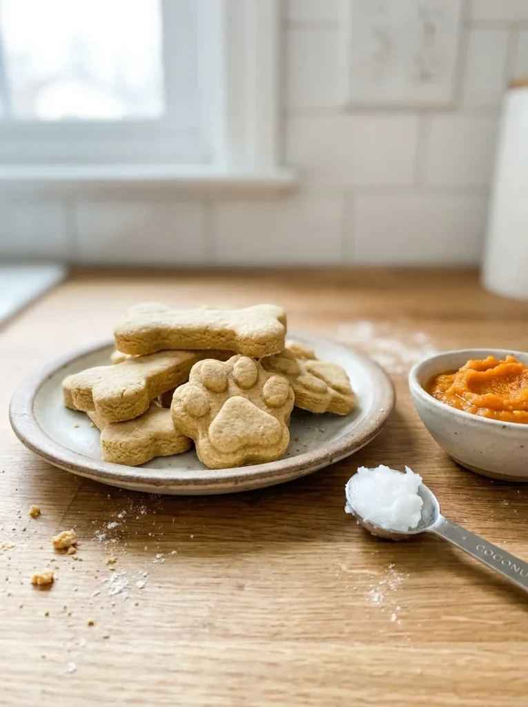 Low-fat coconut oil dog treat recipe with pumpkin for sensitive stomachs