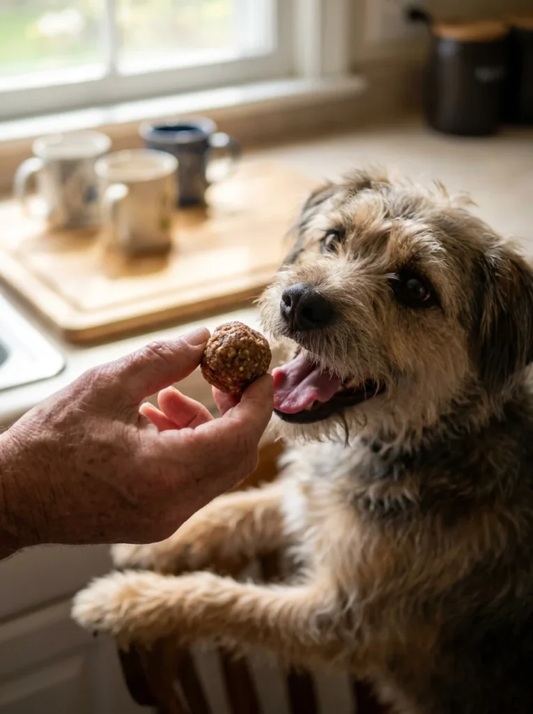 Homemade coconut oil dog treats shaped into no-bake peanut butter balls