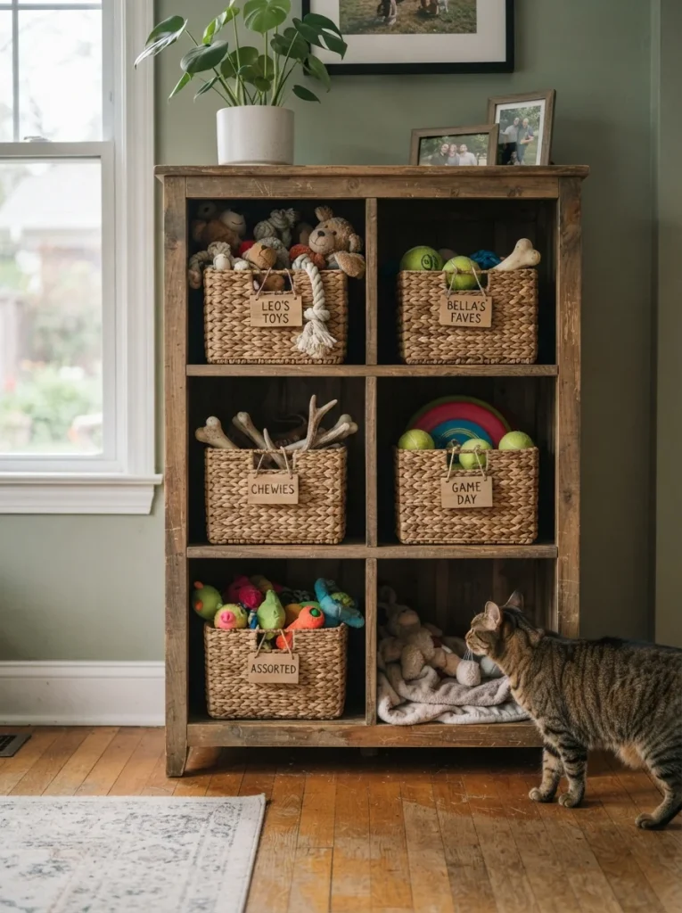 realistic repurposed bookshelf used for dog toy organization