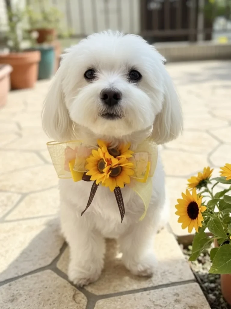 Maltese wearing a sunflower accented organza dog collar