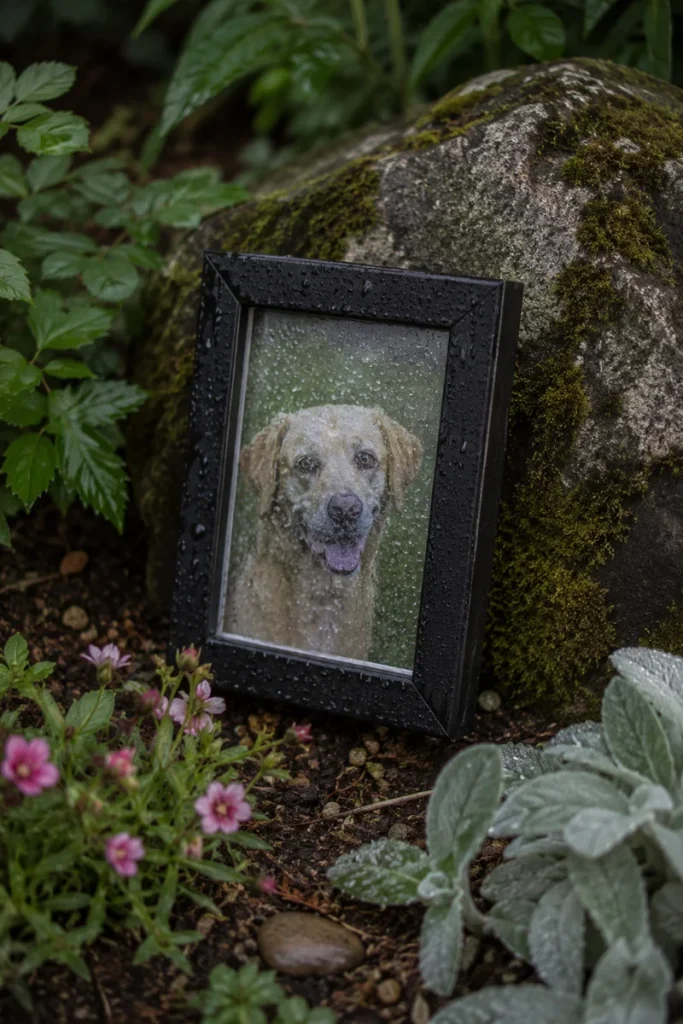 Outdoor photo frame displayed near a garden memorial stone