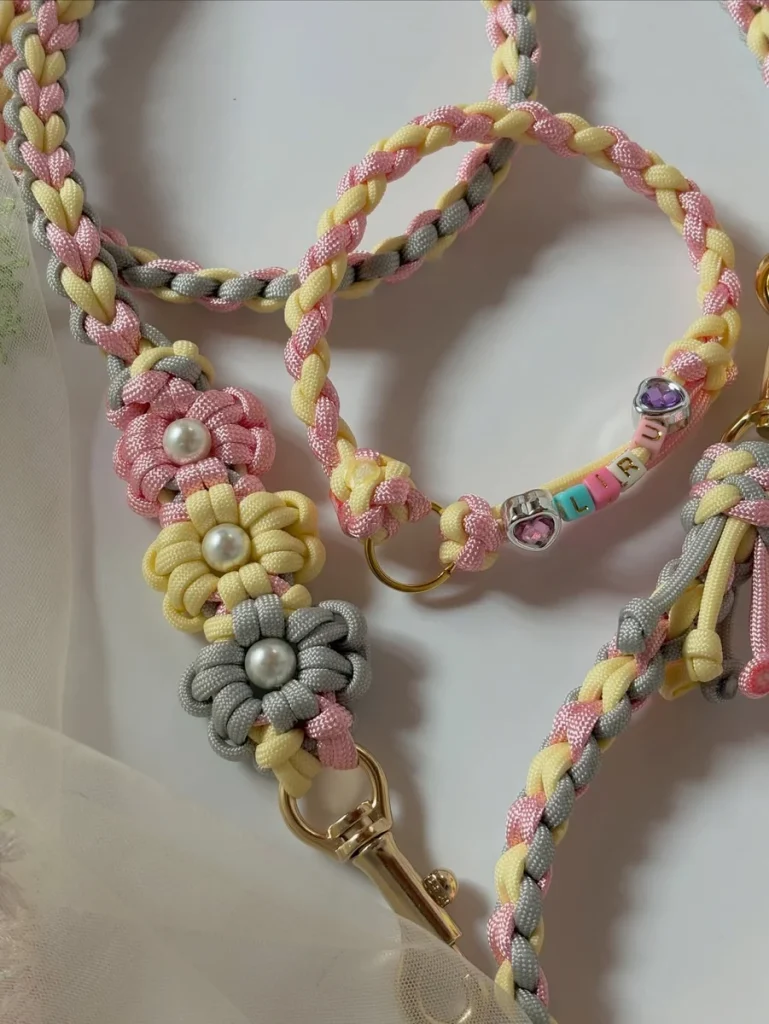 Paracord flower dog collar with pearl centers and name beads