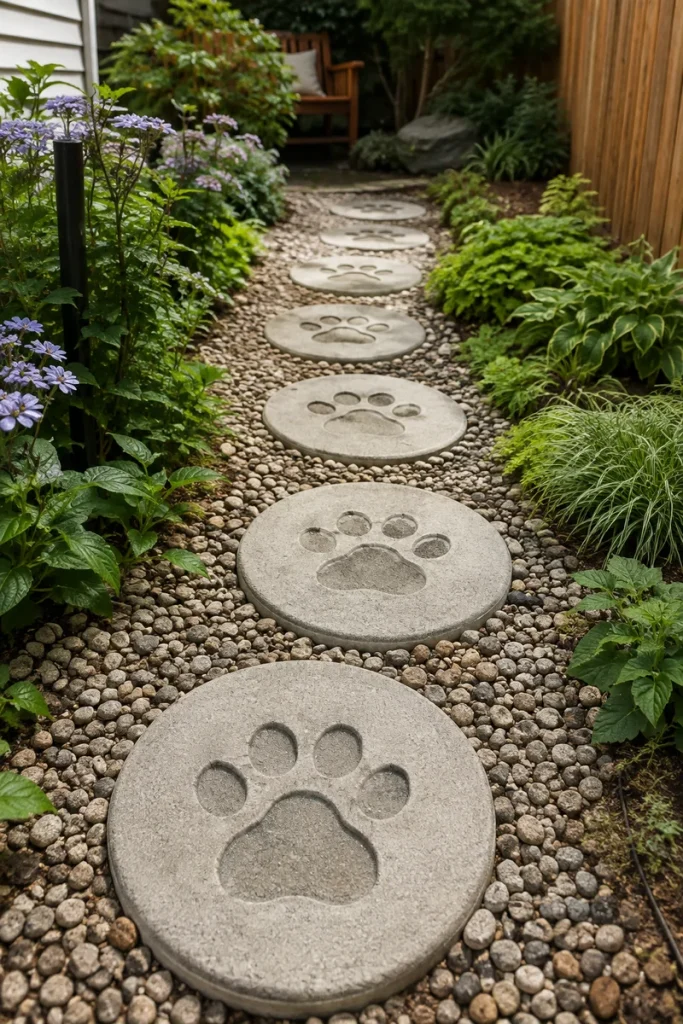 Paw print stepping stones leading through a memorial garden