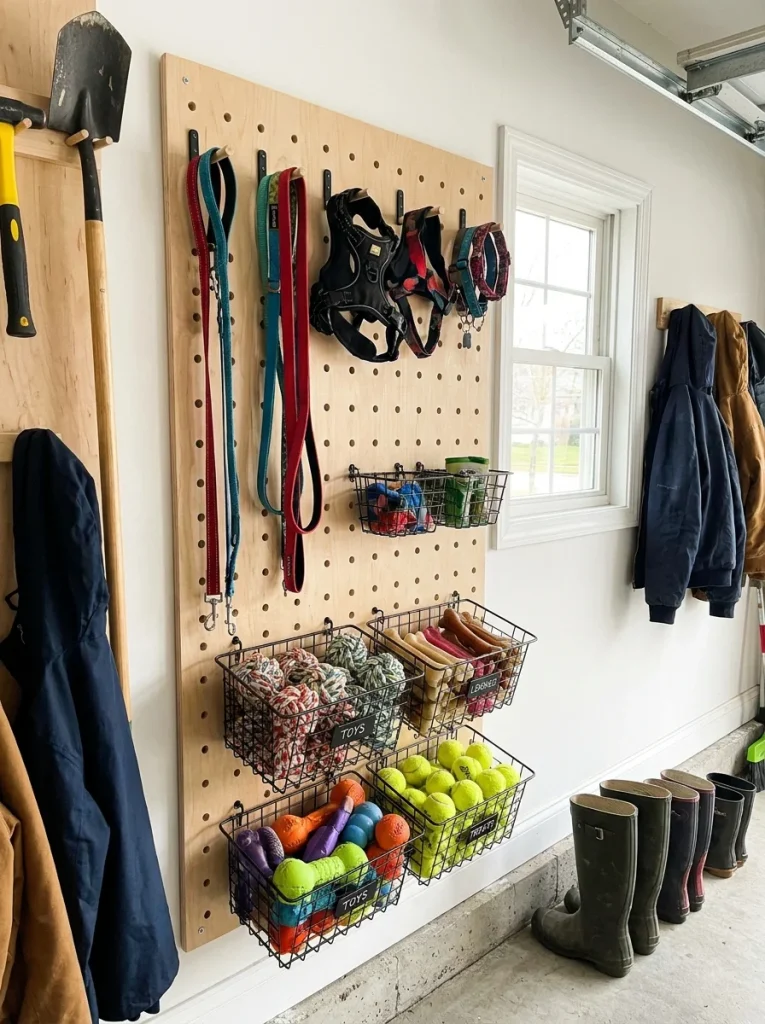 pegboard wall with hooks used to organize dog toys