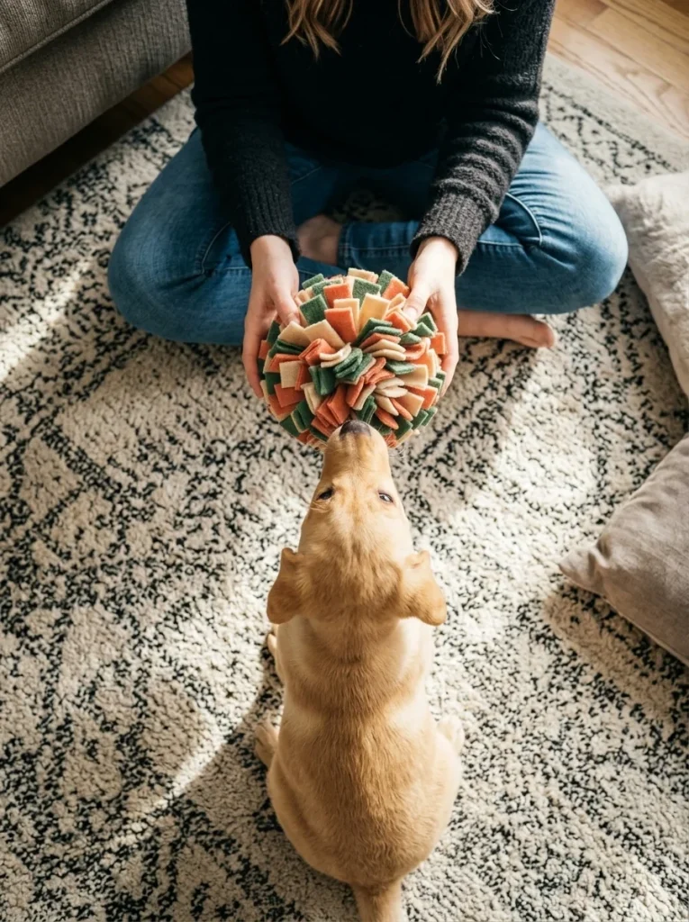 Owner and dog bonding over a DIY Snuffle Ball For Dogs together