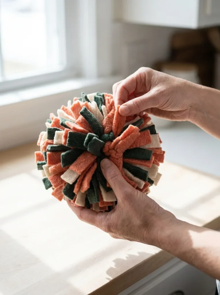 Checking a homemade dog toy for safety before playtime