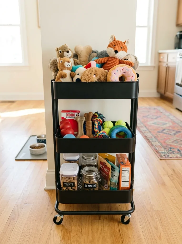 multi-tier rolling cart used to sort and store dog toys
