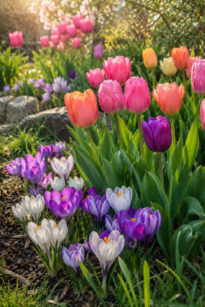 Tulips and daffodils blooming in a seasonal memorial garden