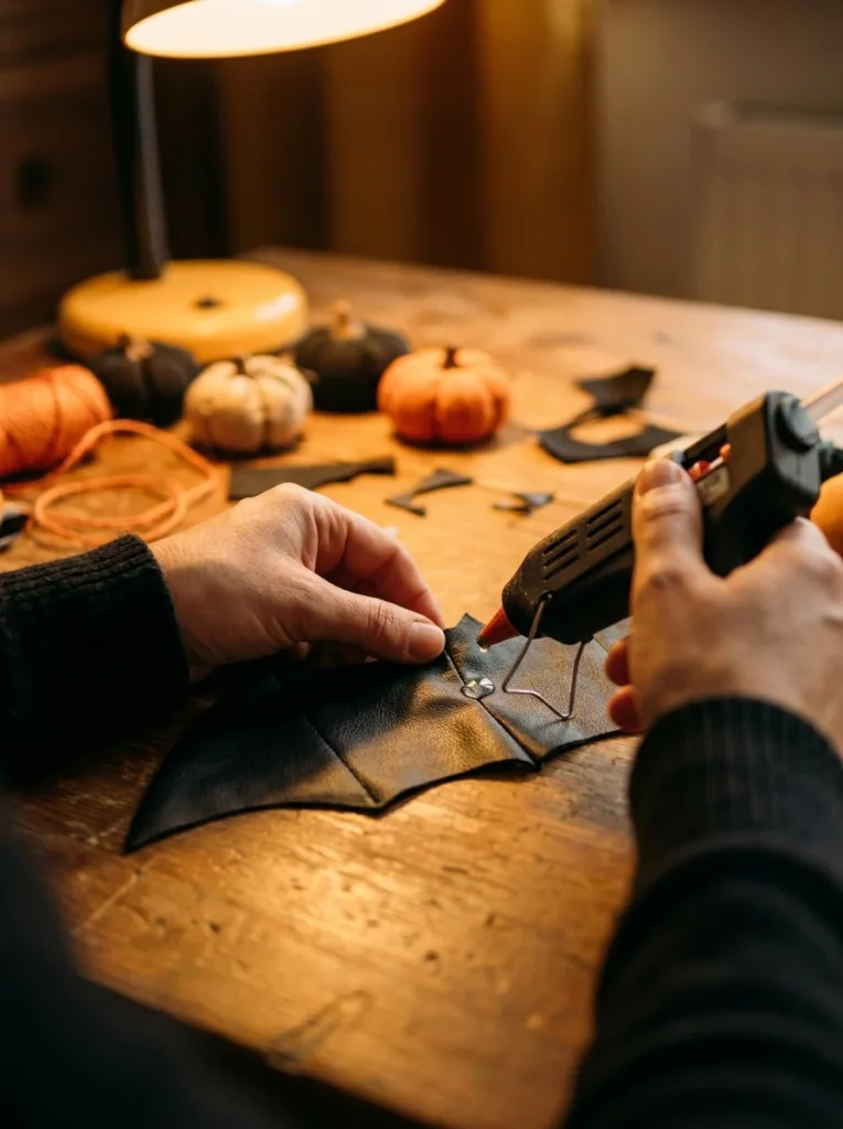 Pinching and gluing bat wing fabric for a dog bow tie