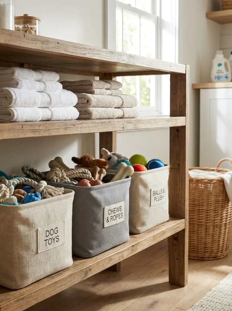 realistic shelving unit with fabric bins organizing dog toys