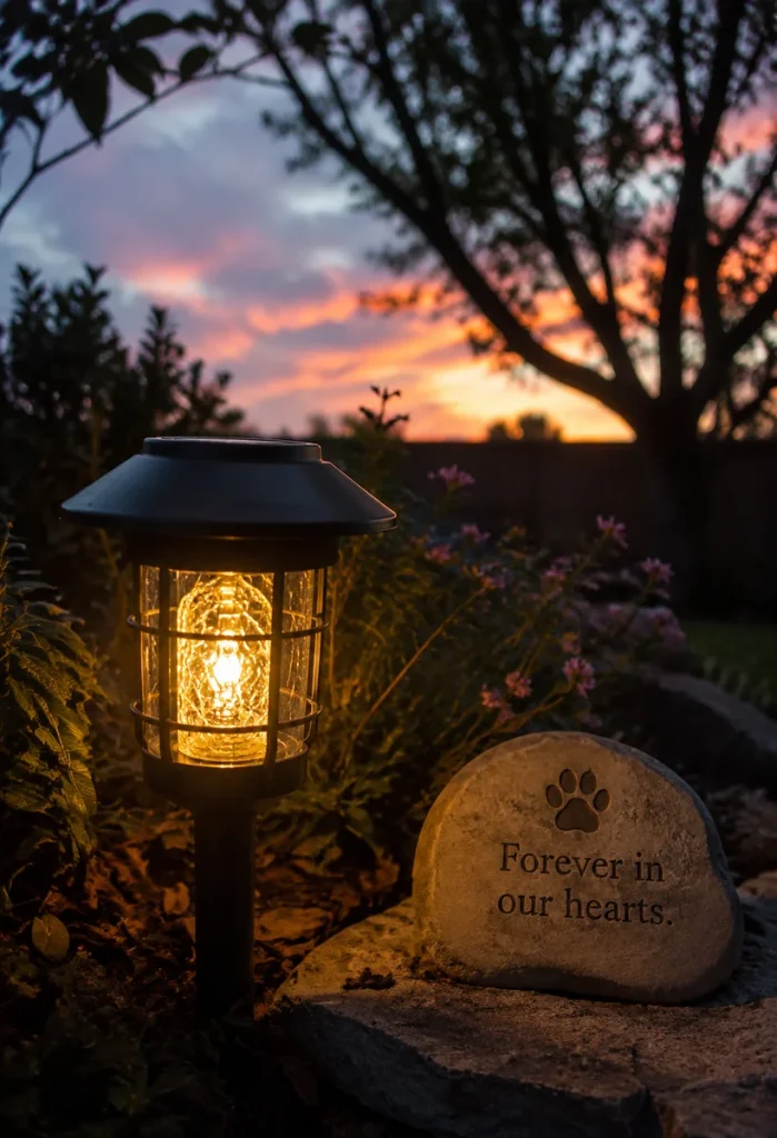 Solar lantern glowing softly beside a memorial garden marker