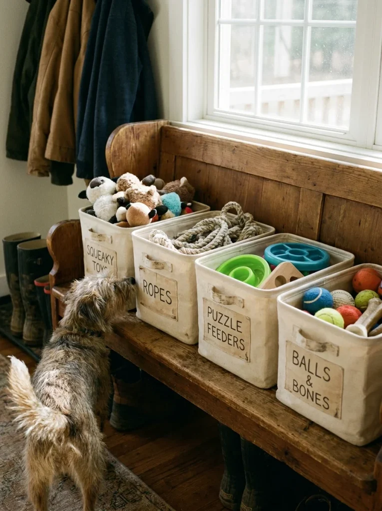realistic multi bin sorting station for organizing dog toys