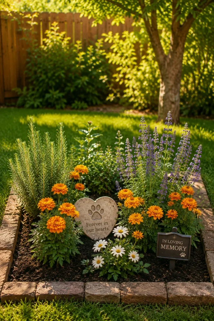 Flower bed with rosemary and marigolds for pet remembrance