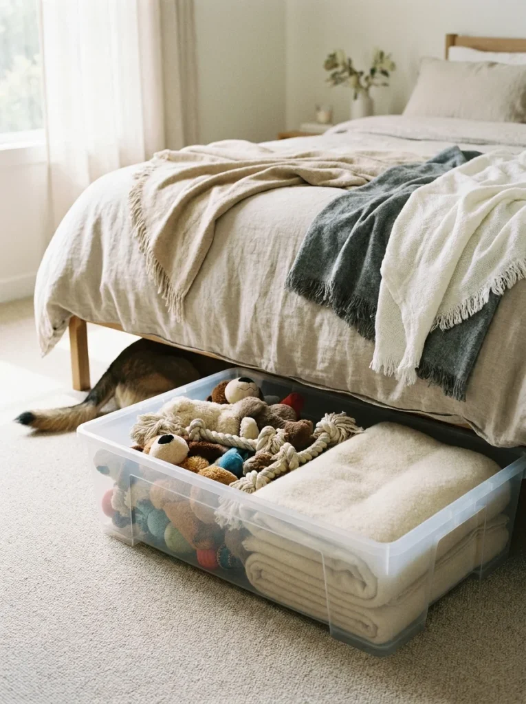 flat storage bins sliding under a bed for hidden dog toy storage