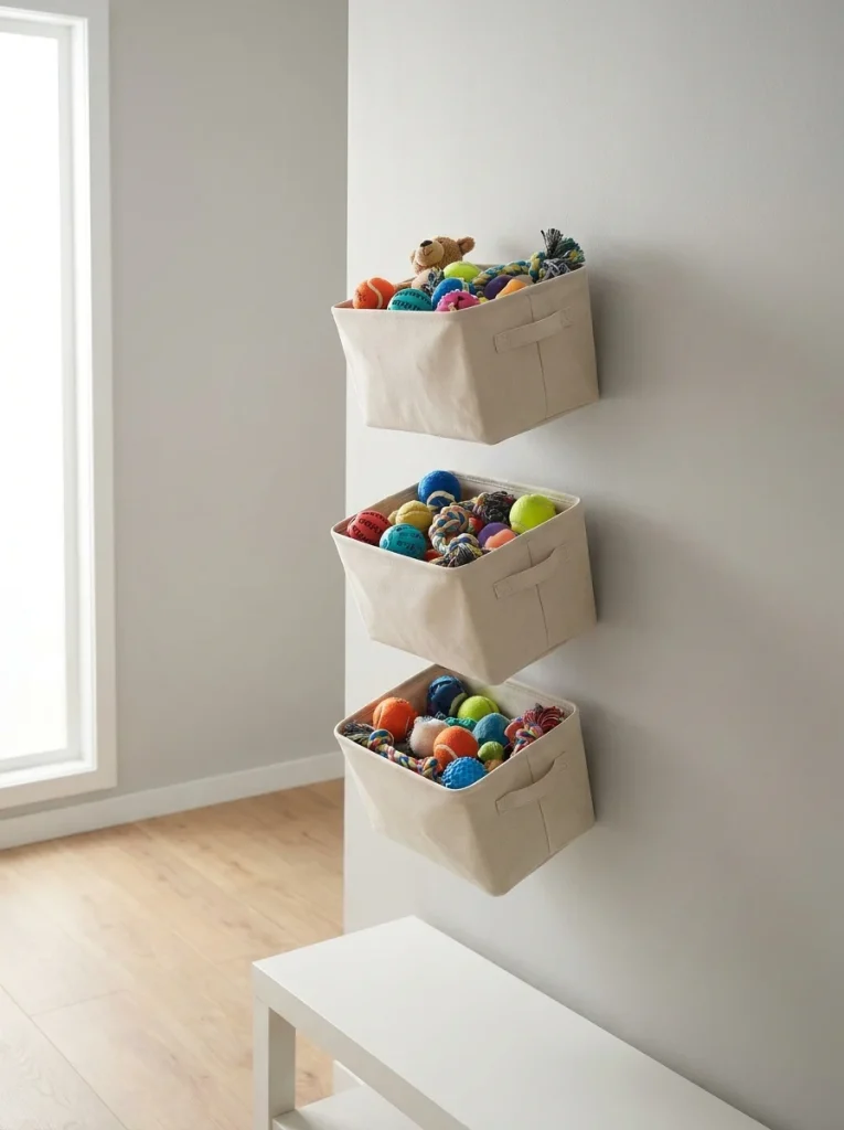 wall-mounted canvas bins saving floor space for dog toys