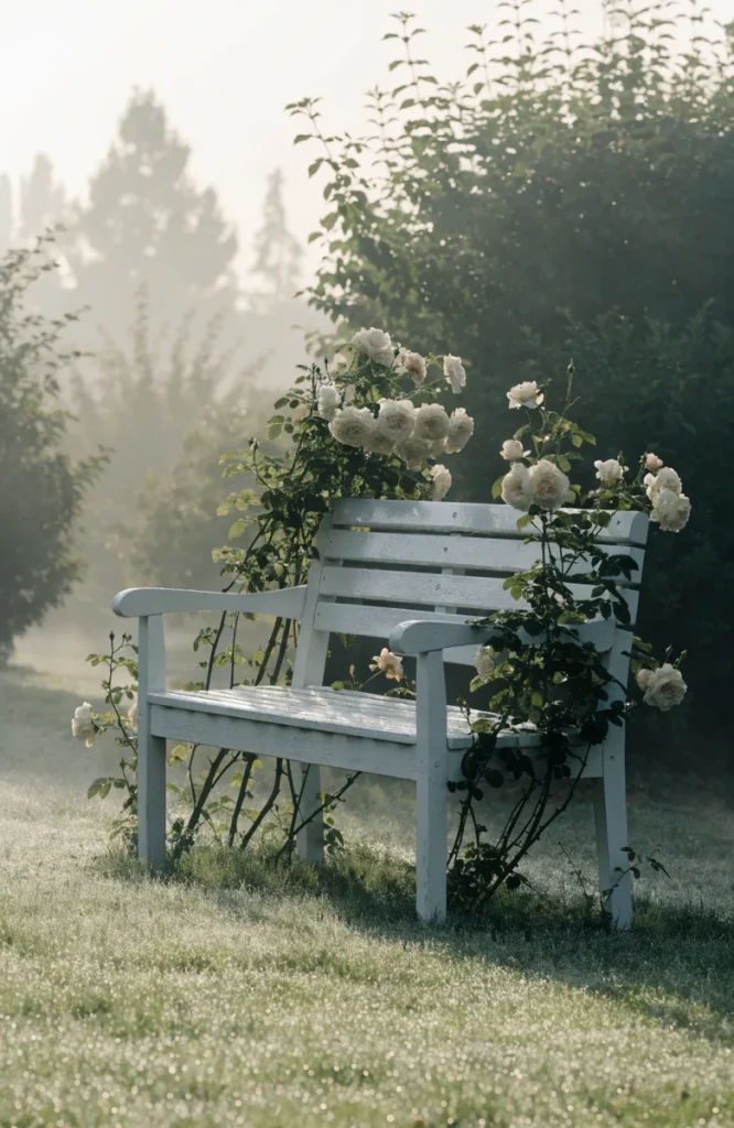 White wooden bench in soft morning light near a memorial garden