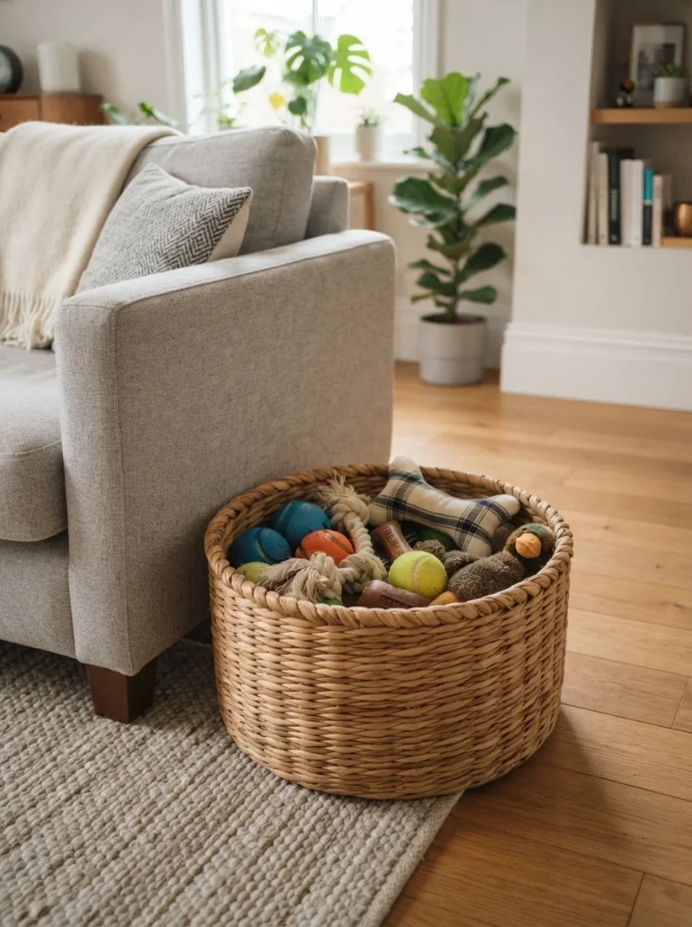 wicker basket used as one of the simplest dog toys storage ideas