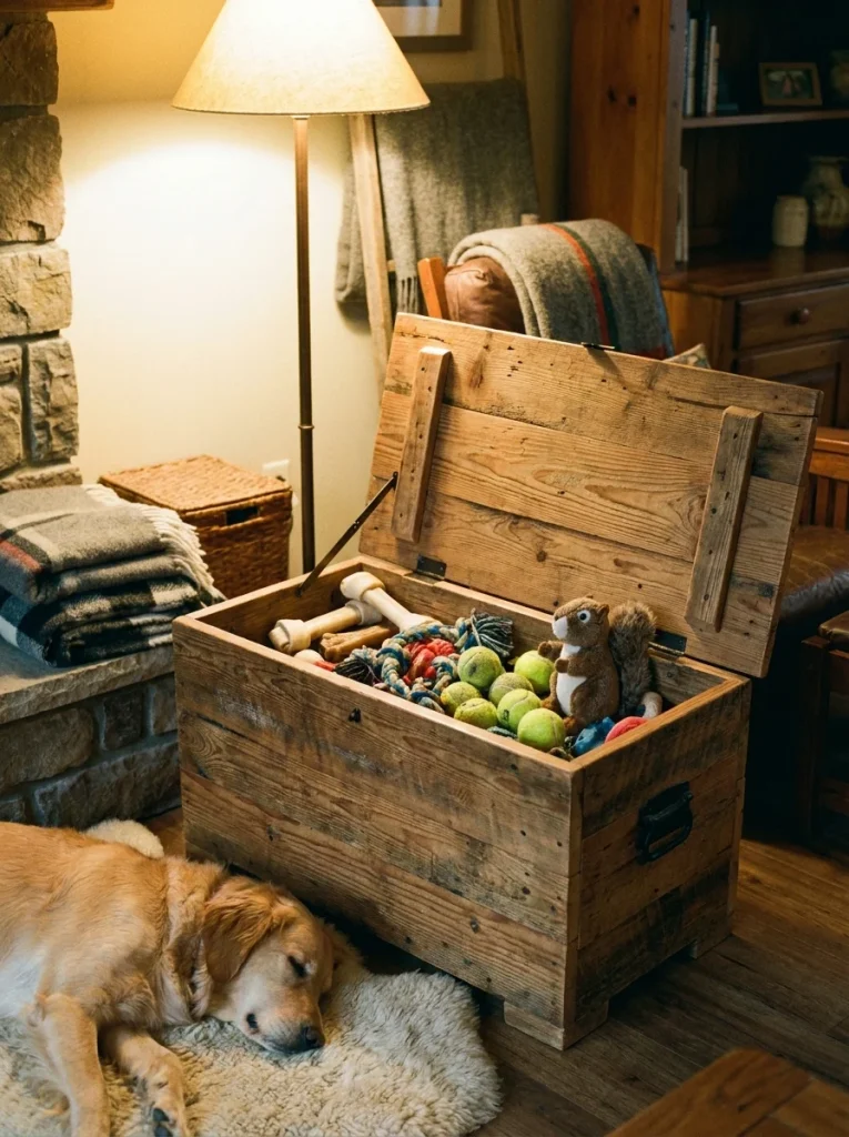 wooden toy box designed for storing multiple dog toys