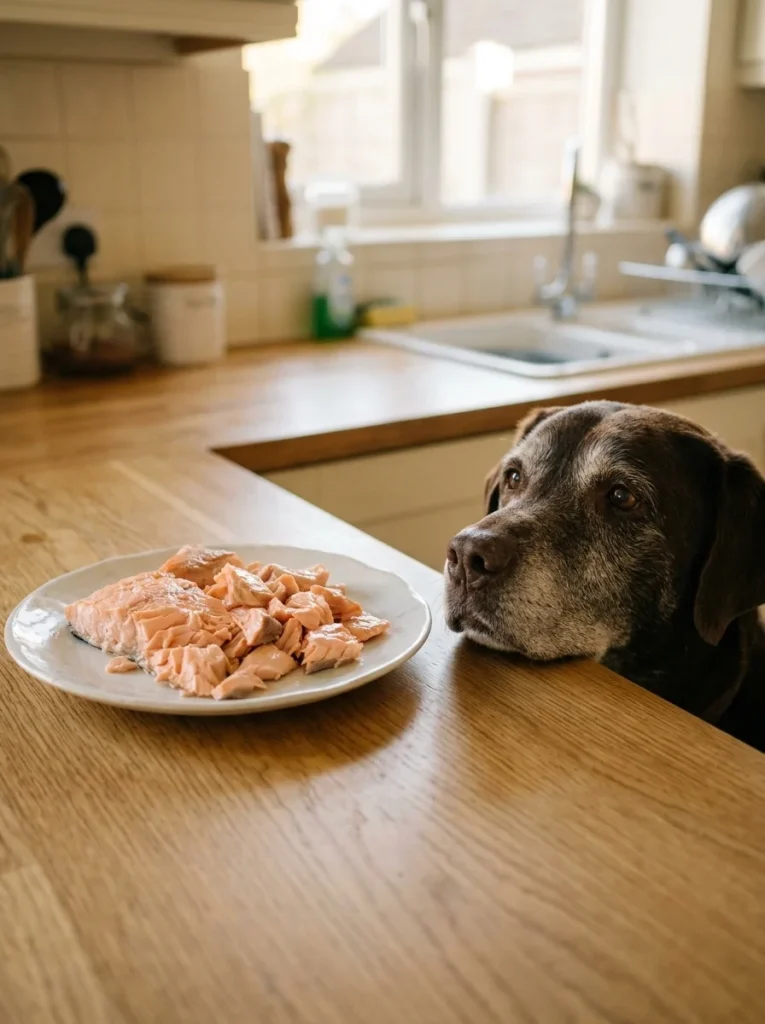 Flaked cooked salmon on a plate for a gray-faced senior Labrador