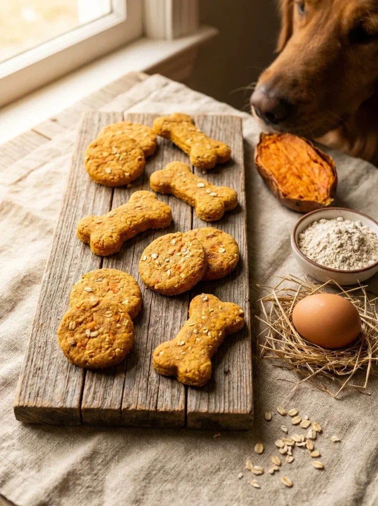 Golden sweet potato dog cookies on a rustic wooden board with fresh sweet potato, oat flour and egg