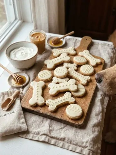 Iced dog cookies with white frosting and piped details on a rustic wooden board with yogurt, peanut butter and honey
