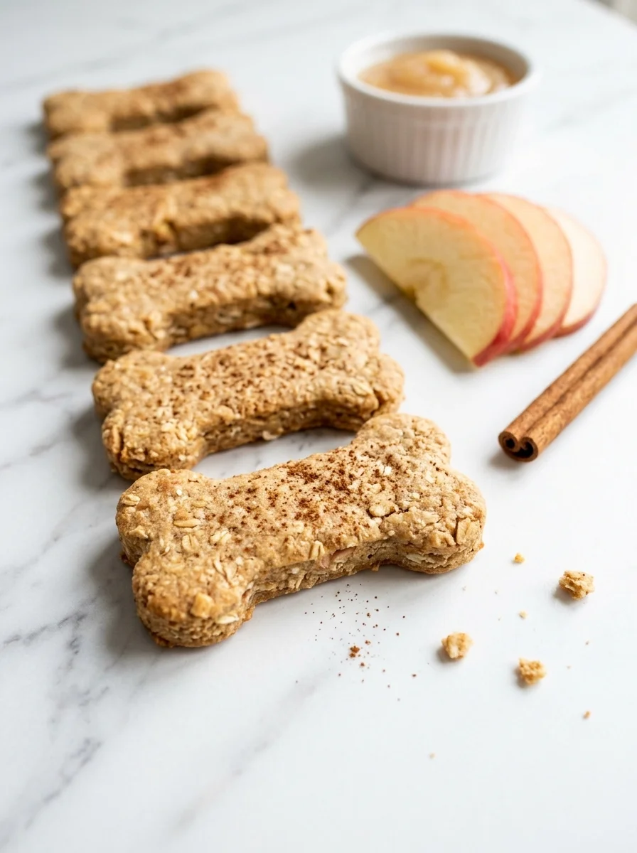 Apple cinnamon dog biscuits lined on marble with apple slices