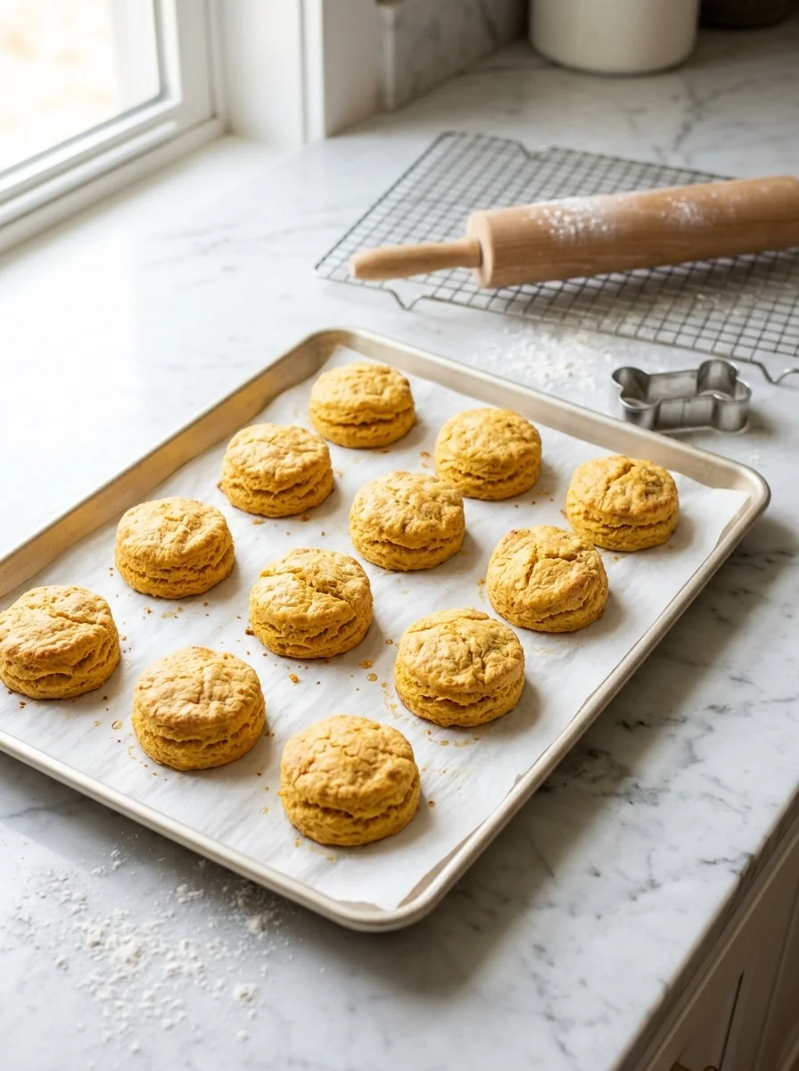 Freshly baked pumpkin dog biscuits cooling on a tray in a rustic kitchen