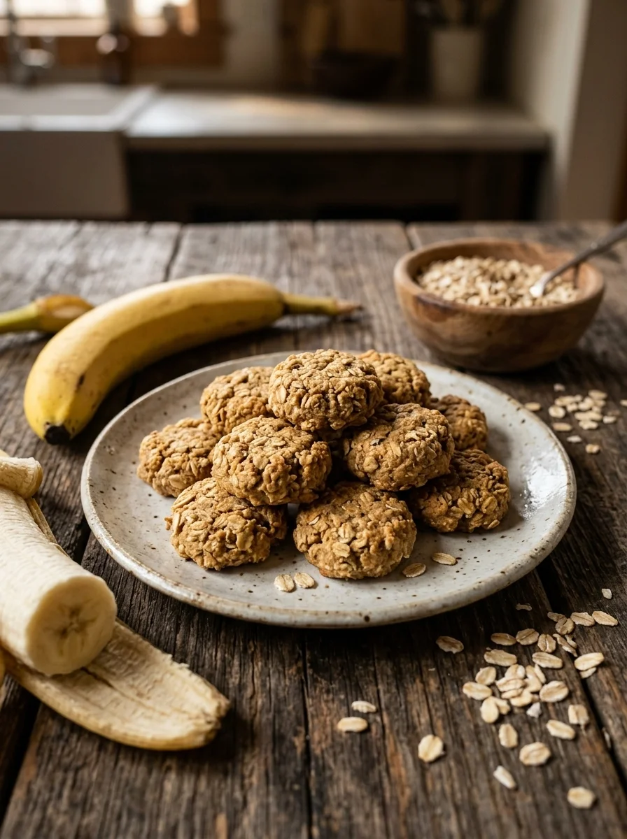 Banana oat dog biscuits on a ceramic plate with fresh banana and oats