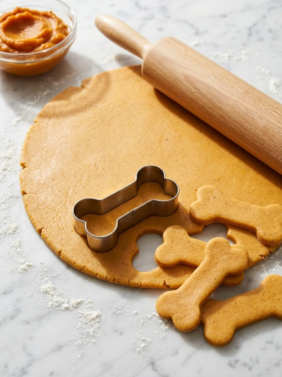 Cutting bone shapes from pumpkin dough on a white marble counter