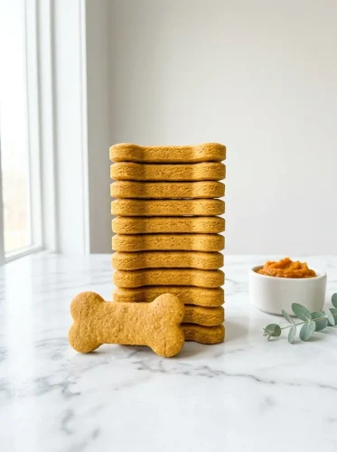 Stack of golden pumpkin dog biscuits on white marble in bright daylight
