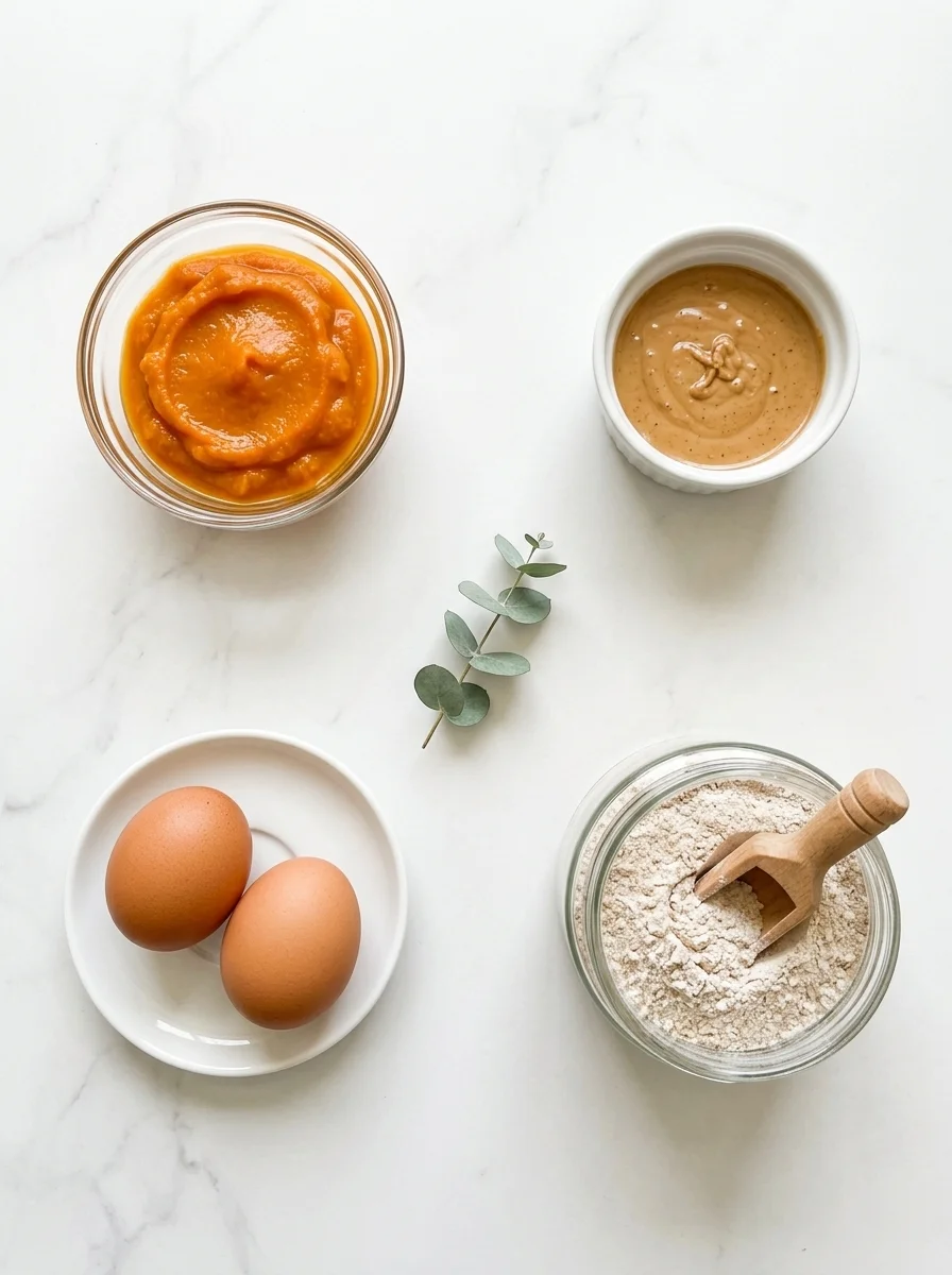 Minimal flat lay of four biscuit ingredients on white marble