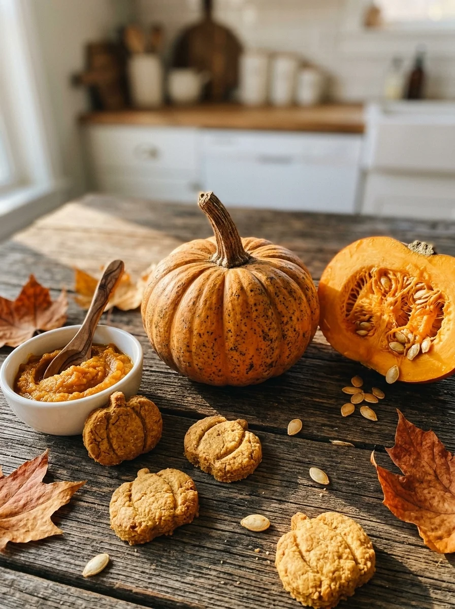 Sugar pumpkin surrounded by pumpkin dog biscuits on a rustic table